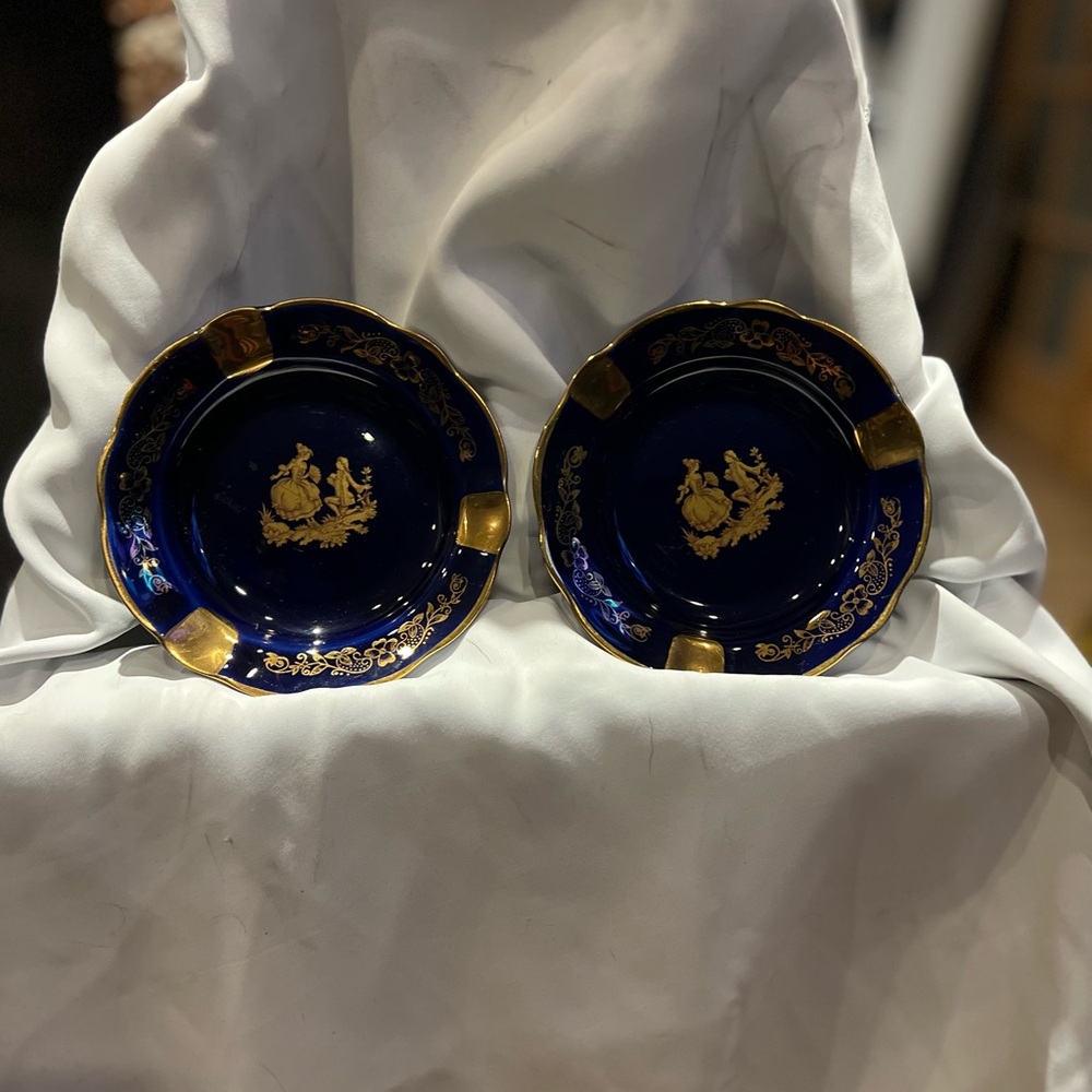 Vintage Limoges Porcelain Ashtrays - Set of 2, Blue & Gold, Decorative Figures
